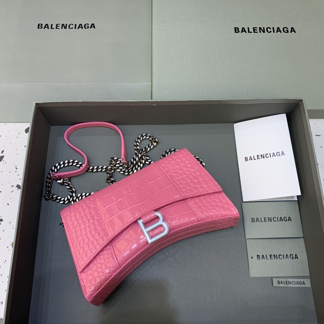 Balenciaga Big Hourglass Wallet With Chain Crocodile Embossed Shoulder Bag Pink